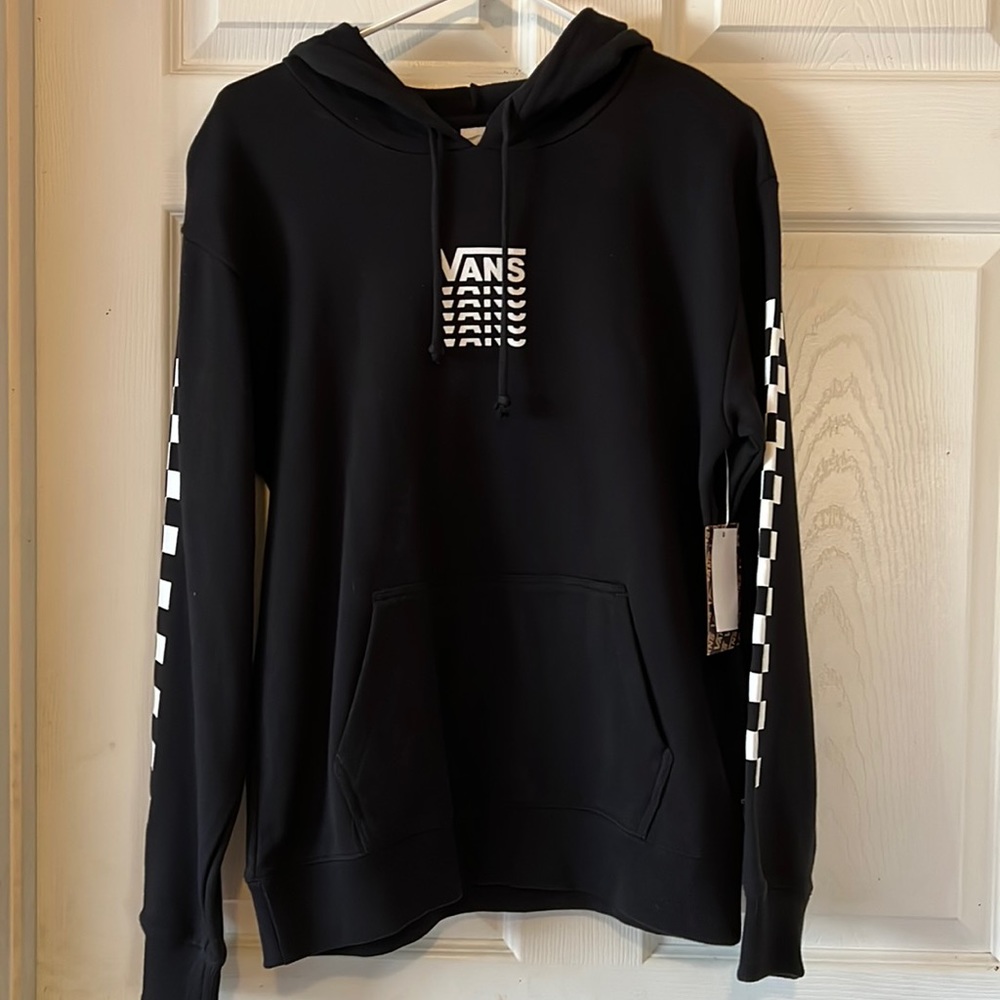 Vans Women’s S sweatshirt/hoodie. Black with white checkers on the sleeves. NWT